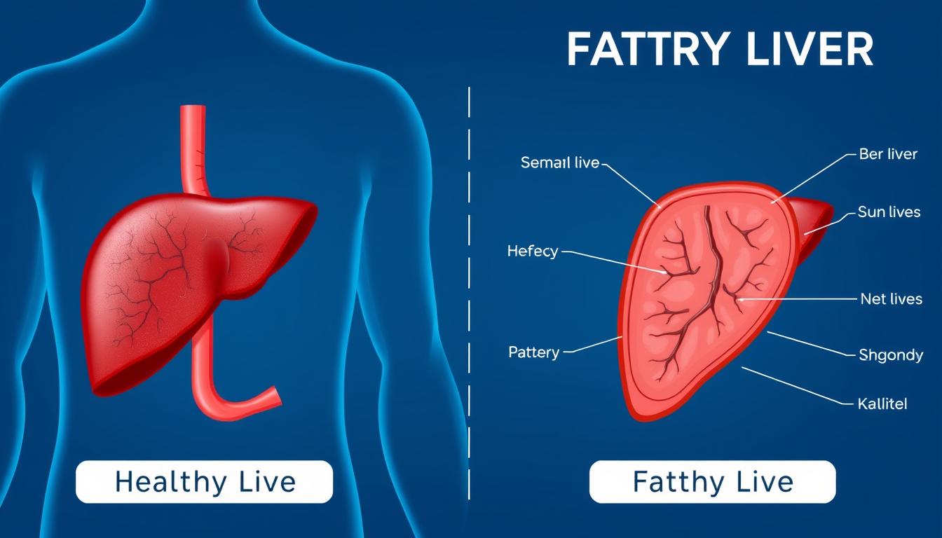 Ilustração mostrando a diferença entre um fígado saudável e um com gordura acumulada