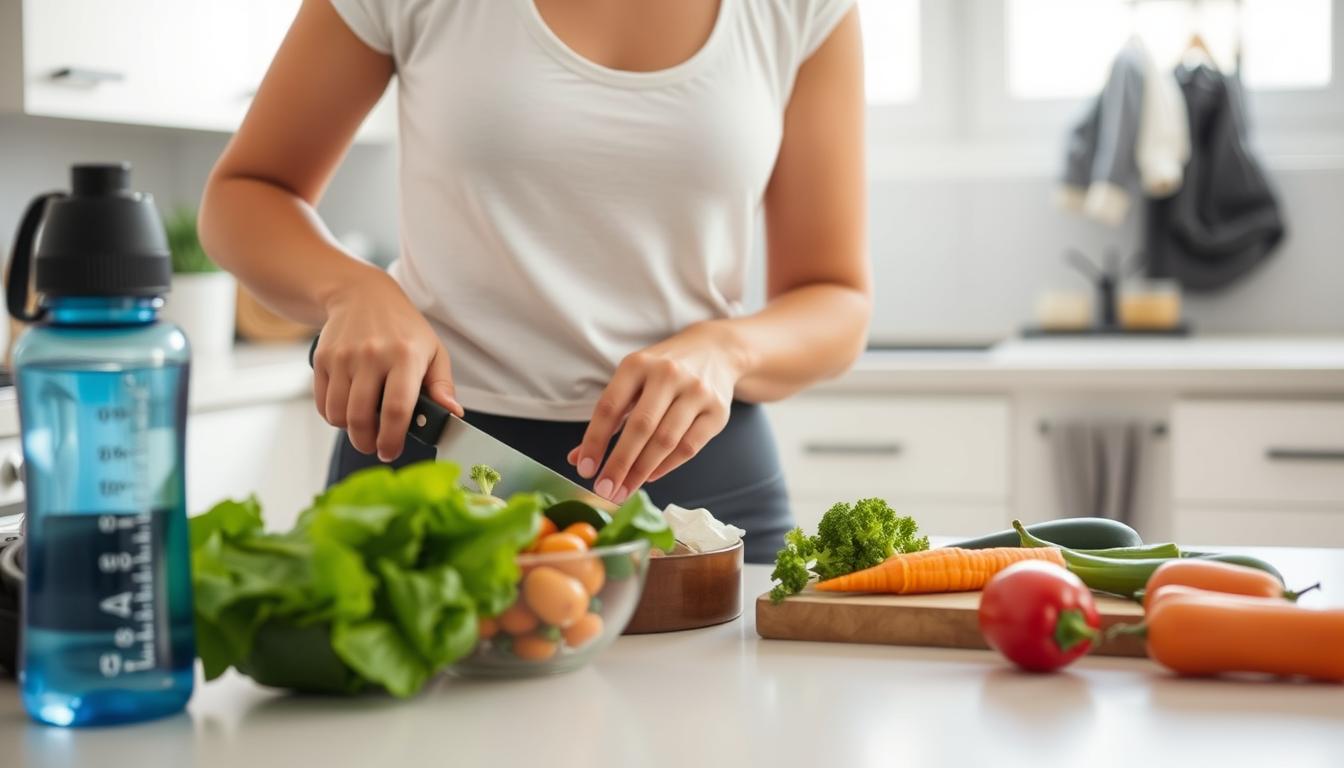 Pessoa demonstrando estilo de vida saudável com alimentação equilibrada e atividade física