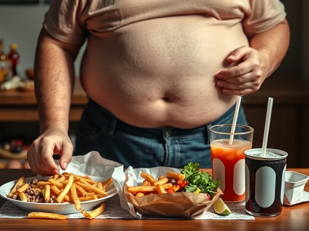 Pessoa com sobrepeso consumindo alimentos ultraprocessados, ilustrando fatores de risco para gordura no fígado