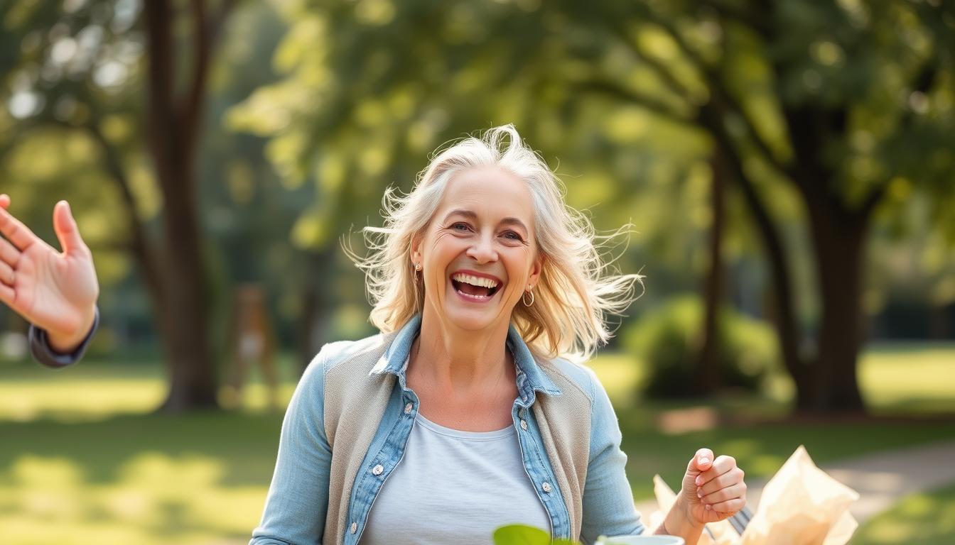 Pessoa feliz e saudável após sucesso no tratamento da gordura do fígado, demonstrando qualidade de vida recuperada