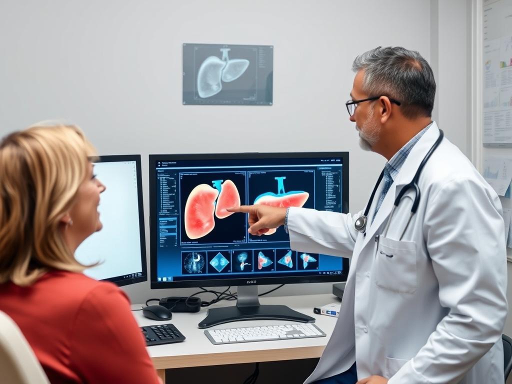 Médico analisando resultados de exames de fígado com paciente