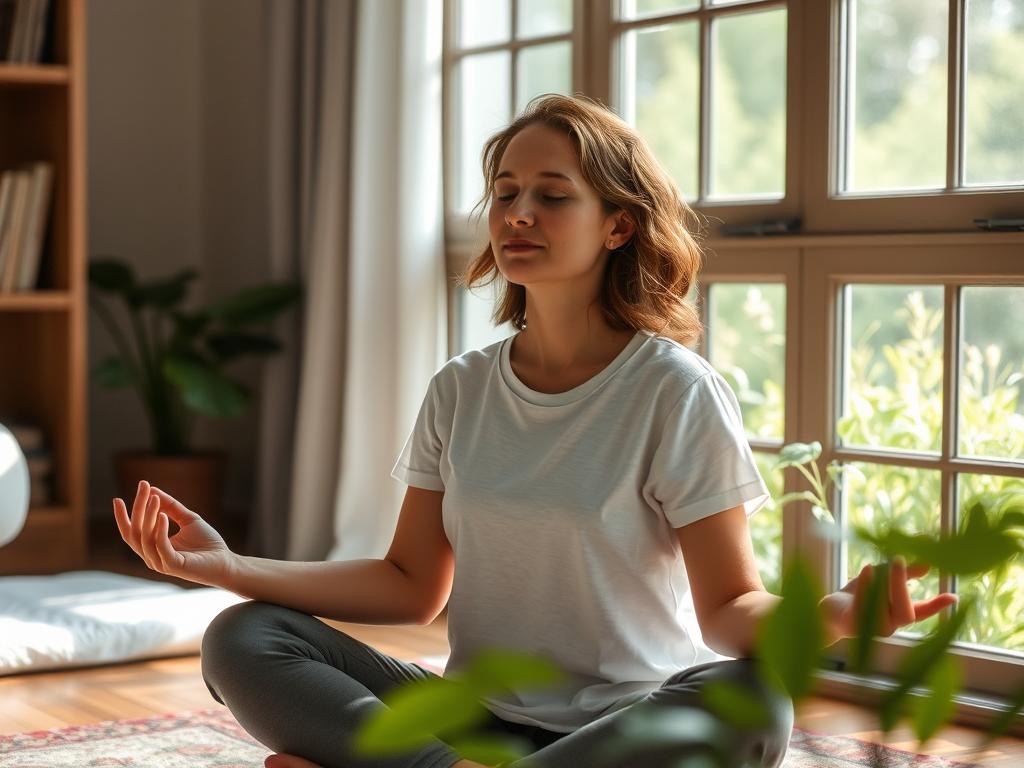 Pessoa praticando meditação para redução de estresse, importante para saúde hepática