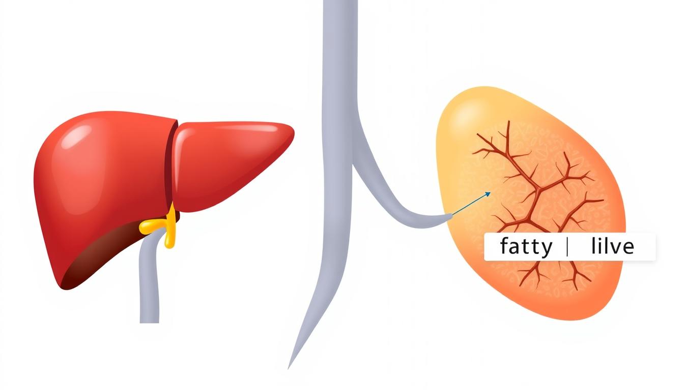 Ilustração do fígado com acúmulo de gordura comparado a um fígado saudável, demonstrando como tratar gordura do fígado