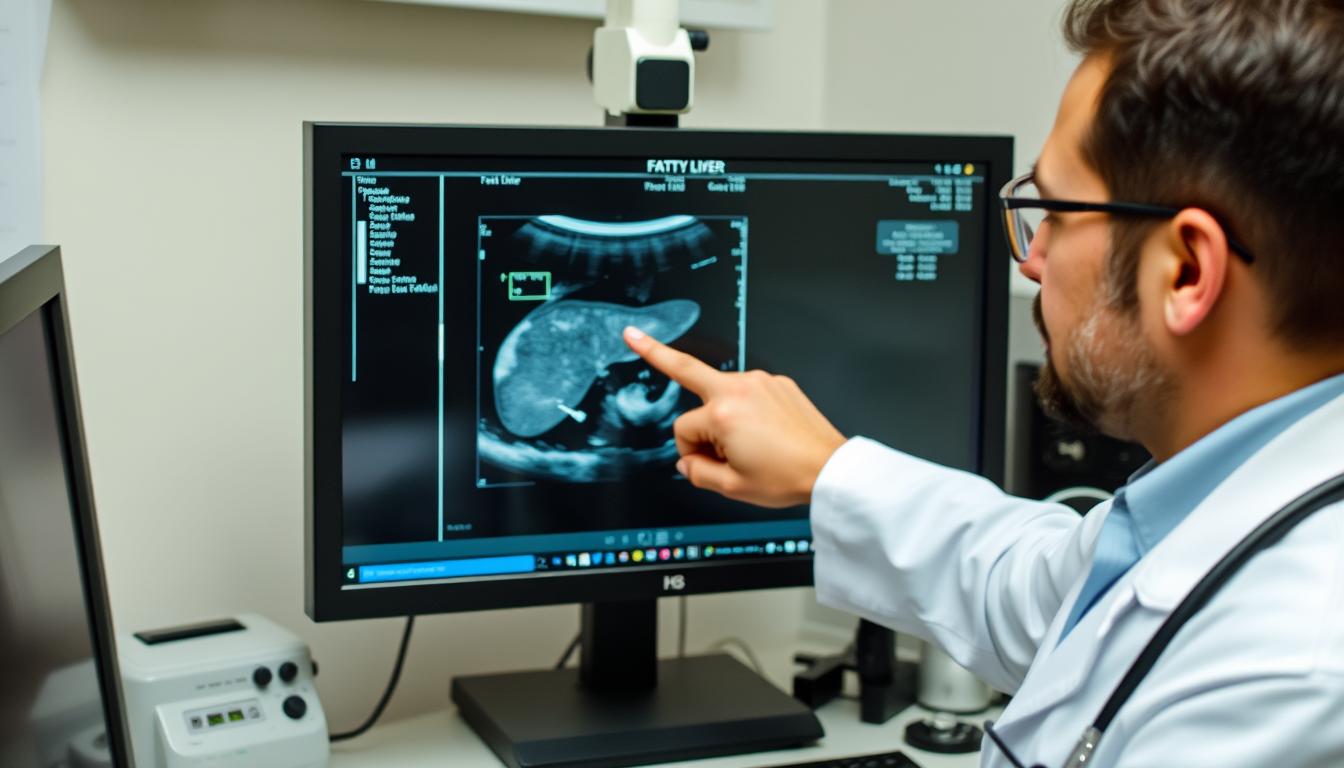 Médico analisando resultado de ultrassonografia de fígado com gordura, parte essencial do diagnóstico para tratamento