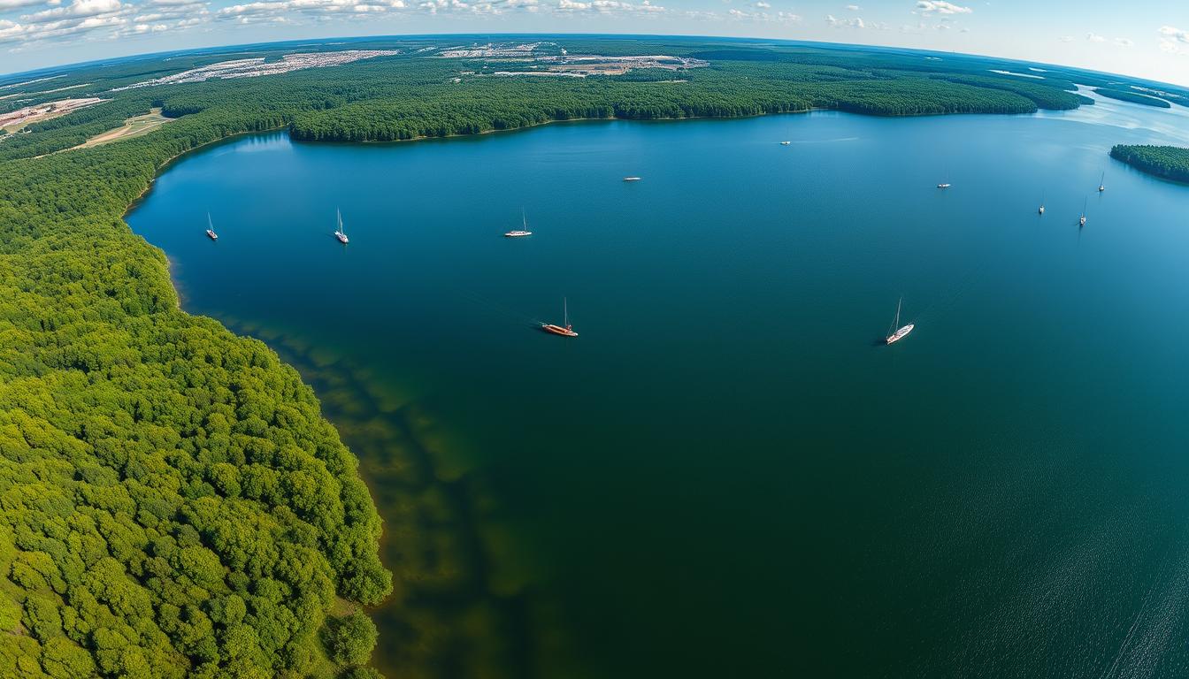 Panorama Zalewu Zegrzyńskiego z widokiem na wędkarzy łowiących z łodzi, popularne łowisko blisko Warszawy