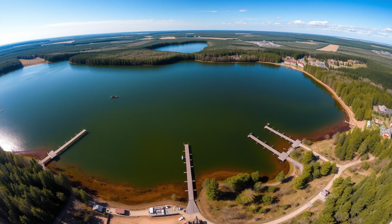 Panorama Jeziora Mikorzyn z widokiem na pomosty wędkarskie, jedno z najlepszych łowisk w Polsce