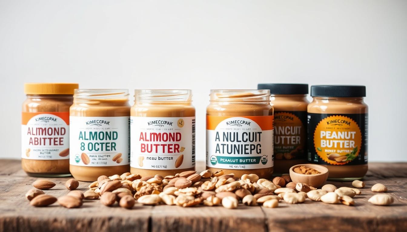 A still life arrangement of a variety of dietary-friendly nut butter options, showcased on a rustic wooden table. In the foreground, jars of almond, cashew, and peanut butter, each with their distinct textures and hues, are arranged artfully. In the middle ground, various nuts such as almonds, cashews, and peanuts are scattered, adding depth and texture to the scene. The background features a plain, minimalist wall, allowing the nut butters and their natural ingredients to take center stage. The lighting is soft and natural, highlighting the rich colors and smooth textures of the nut butters. The overall mood is warm, inviting, and focused on the health benefits and versatility of these dietary-friendly nut butter options. kimecopak.ca
