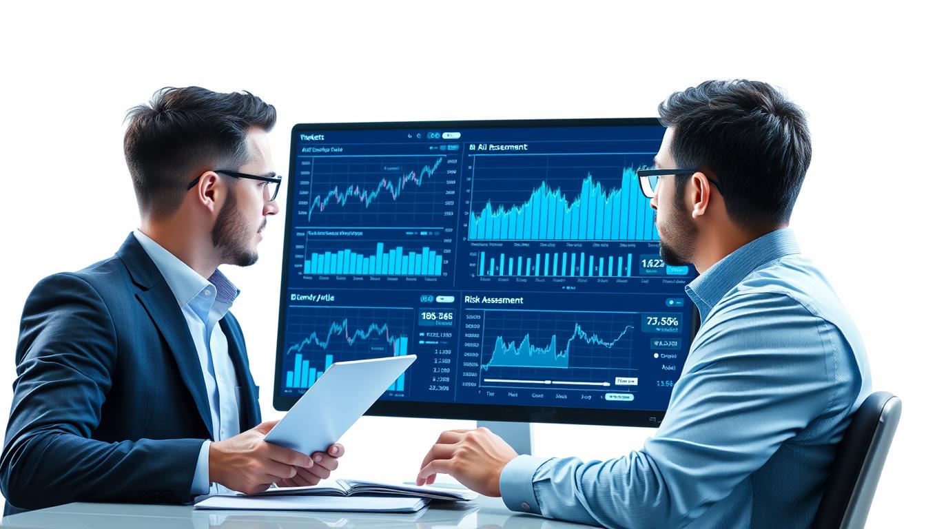 Financial analysts using AI tools for market prediction and risk assessment