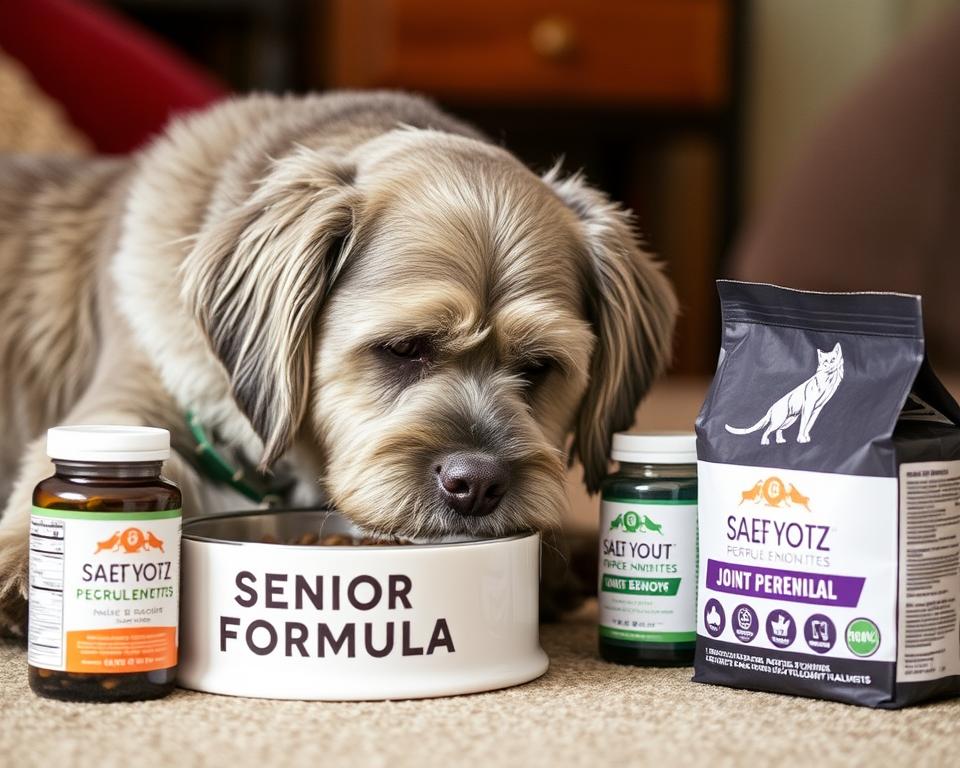 Senior pet eating age-appropriate food with visible joint supplements