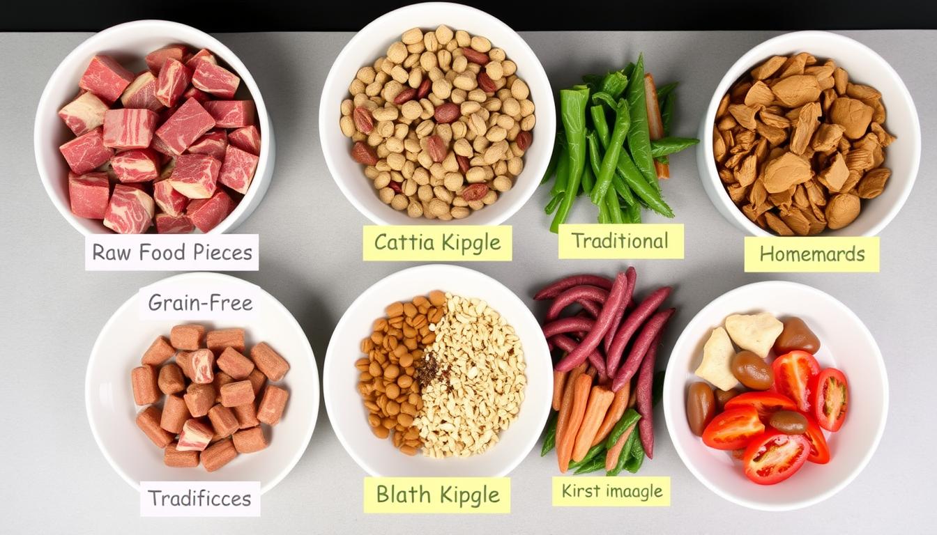 Various pet diet options including raw, grain-free, and traditional kibble displayed together