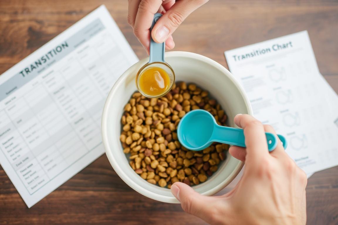 Pet owner measuring and mixing old and new pet food during transition