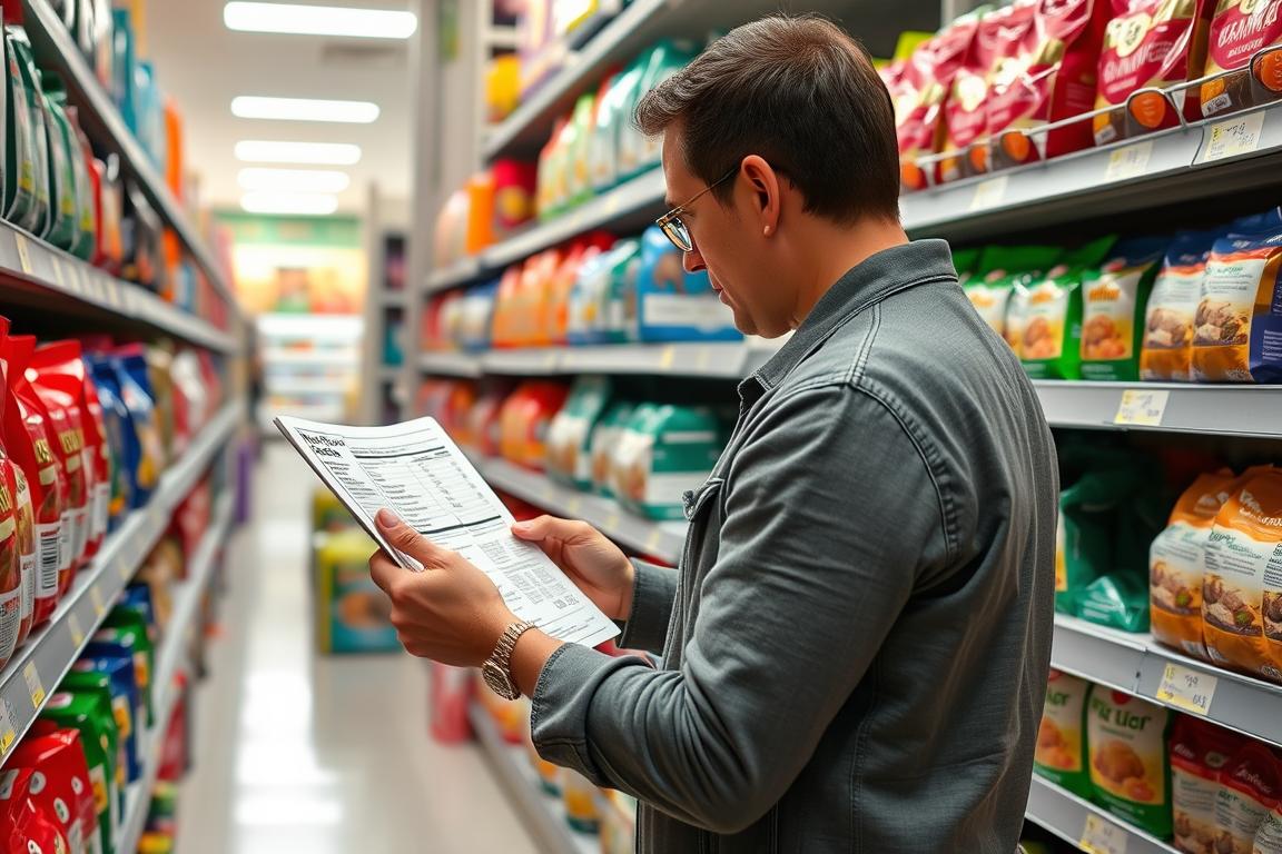 Person comparing different pet food labels in a store aisle