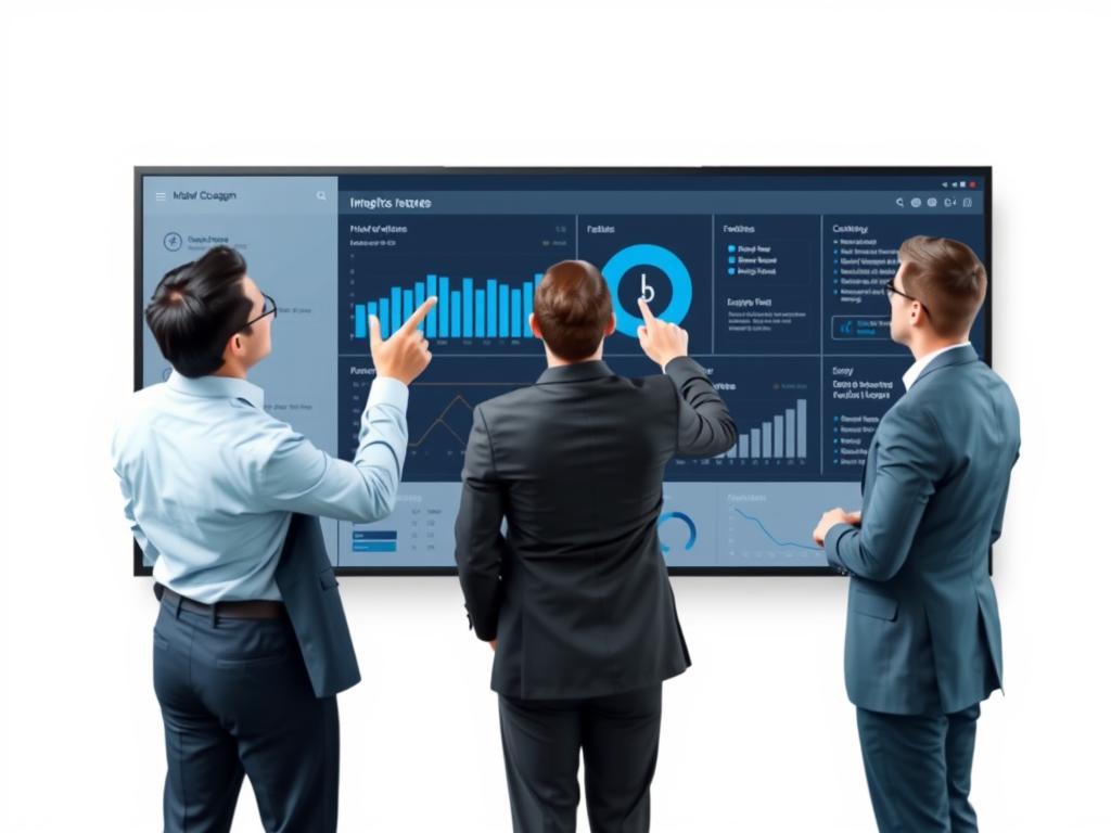Business professionals evaluating AI software features on a dashboard