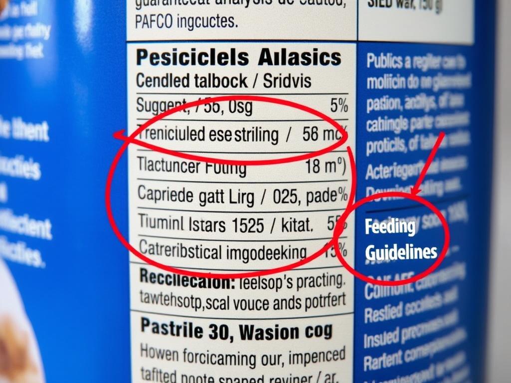 Close-up of a pet food label with key nutritional components highlighted