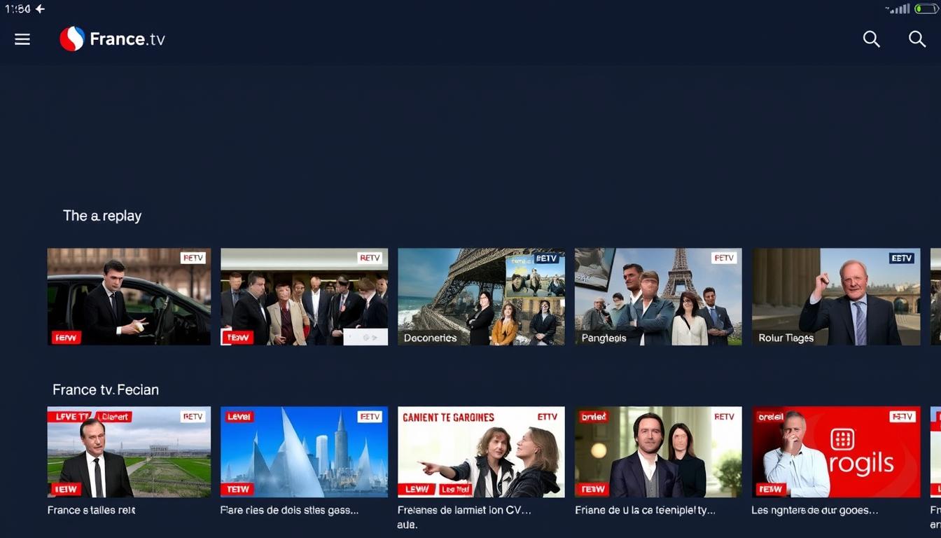 Capture d'écran de l'application France.tv montrant l'interface de replay des chaînes publiques françaises
