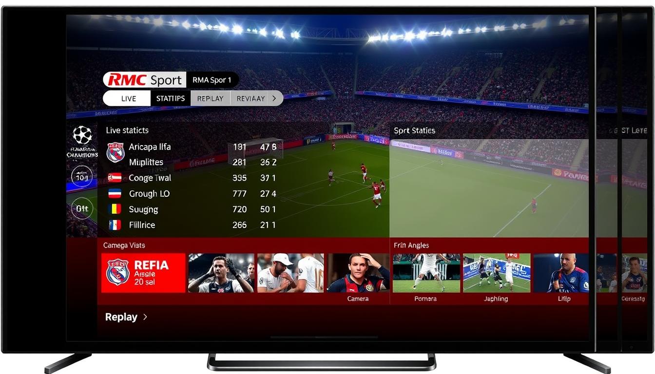 Interface de RMC Sport montrant un match de football en direct avec des statistiques et options de replay