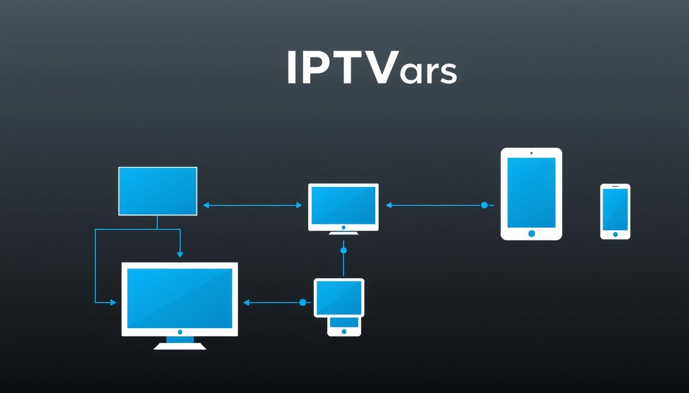 Schéma explicatif du fonctionnement de l'IPTV montrant la transmission des chaînes TV via Internet vers différents appareils comme une Smart TV, un smartphone et une tablette