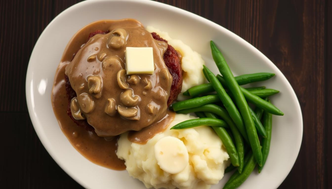 Complete Salisbury steak dinner with mashed potatoes and green beans