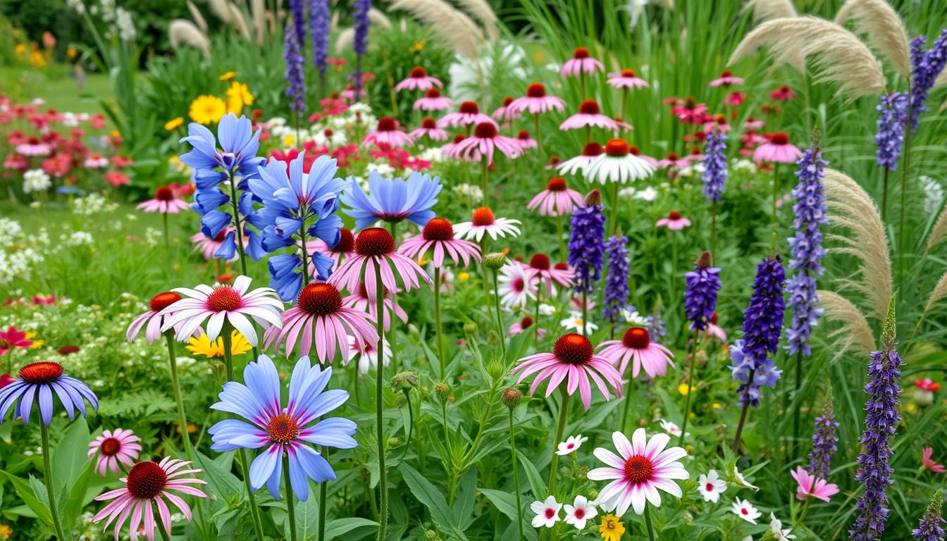 Garden bed showing balloon flowers growing harmoniously with companion plants