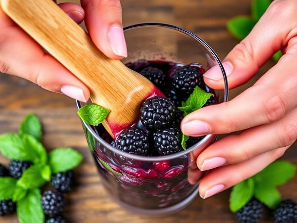 Muddling blackberries and mint for Classic Blackberry Mojito Recipe