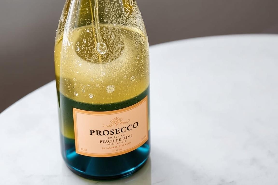 A bottle of chilled Prosecco for Classic Peach Bellini Recipe