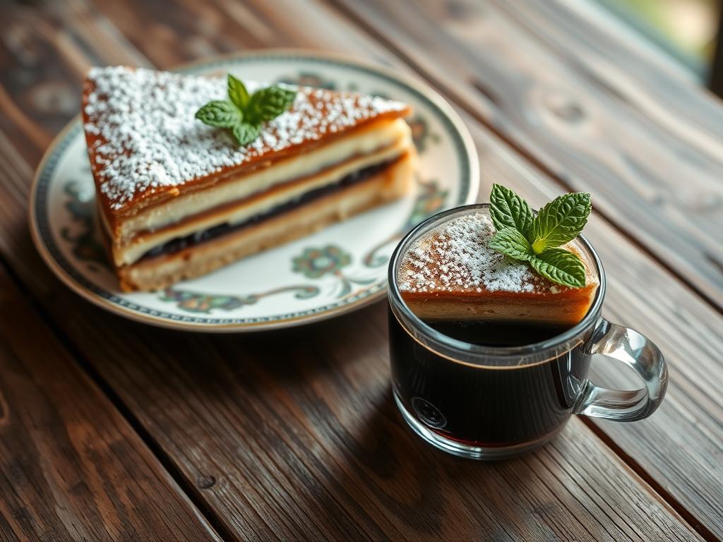 Beautifully served slice of Torta Della Nonna with espresso