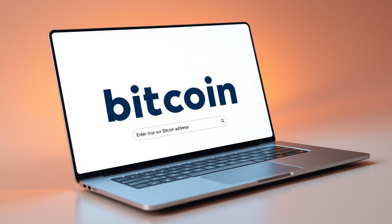 A sleek, futuristic-looking laptop screen displays the "bitcoin address lookup" brand name in bold, modern typography. The screen showcases a clean, minimalist interface with intuitive navigation options and input fields for entering a Bitcoin address. Warm, directional lighting from the side creates depth and highlights the screen's crisp, high-resolution display. The background is a subtle, neutral tone that allows the laptop and interface to take center stage, conveying a sense of professionalism and efficiency. The overall scene suggests a seamless, user-friendly experience for quickly and securely looking up details about a specific Bitcoin address.