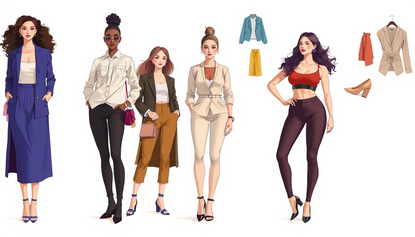A high-resolution fashion illustration depicting a diverse range of body types, featuring models showcasing stylish, figure-flattering outfits against a clean, minimalist background. The foreground comprises three models with distinct body shapes - tall and slender, curvy, and athletic - each posing confidently in well-tailored ensembles that accentuate their natural proportions. The middle ground includes floating fashion elements like accessories, fabrics, and color palettes that complement the models' body types. The background is a softly lit, neutral setting, allowing the fashion and body positivity to take center stage. The overall image conveys a message of inclusivity, empowerment, and practical style guidance for people of all shapes and sizes.
