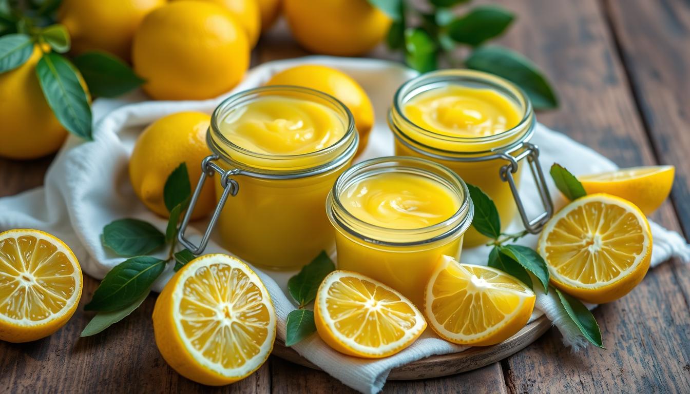 Jars of homemade Italian lemon spread with fresh lemons from the Amalfi Coast