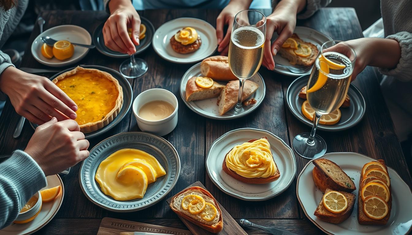 Family gathering enjoying various dishes featuring Italian lemon spread