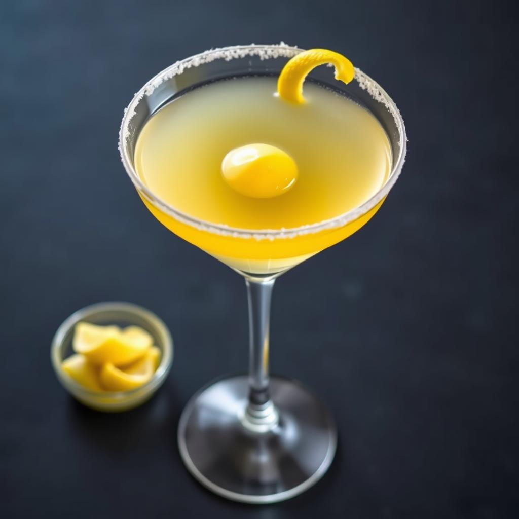 Cocktail glass rimmed with sugar and garnished with lemon spread