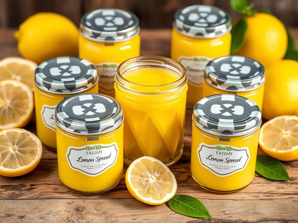Properly sealed jars of Italian lemon spread with decorative labels