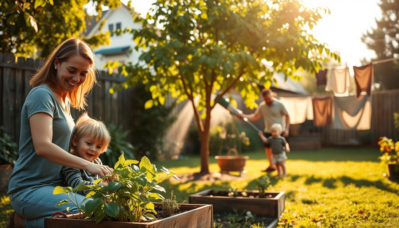 A serene, sun-dappled backyard with a young family engaging in eco-friendly activities. In the foreground, a mother and child tend to a small organic vegetable garden, their faces beaming with pride. In the middle ground, a father and toddler water a flourishing tree, its lush foliage casting gentle shadows. In the background, a clothesline sways in the breeze, drying freshly laundered clothing without the use of electric dryers. The atmosphere is one of calm, connection, and a deep appreciation for the natural world. Warm, golden lighting filters through the scene, creating a sense of tranquility and sustainability.