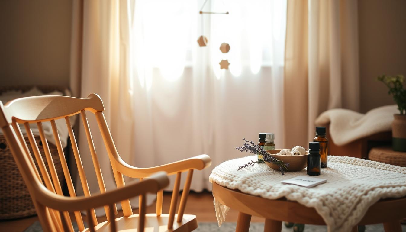 A cozy, sun-lit nursery scene with a tranquil atmosphere. In the foreground, a wooden rocking chair, and on a nearby table, an assortment of natural remedies - chamomile tea, lavender sachets, and a bowl of soothing essential oils. In the middle ground, a mobile of delicate, handcrafted wooden shapes hangs above a plush, organic baby blanket. The background features gentle, earthy tones and soft, wispy curtains, creating a serene, nurturing environment. The lighting is warm and inviting, conveying a sense of comfort and well-being. The overall mood is one of natural, holistic care and healing for the little one.