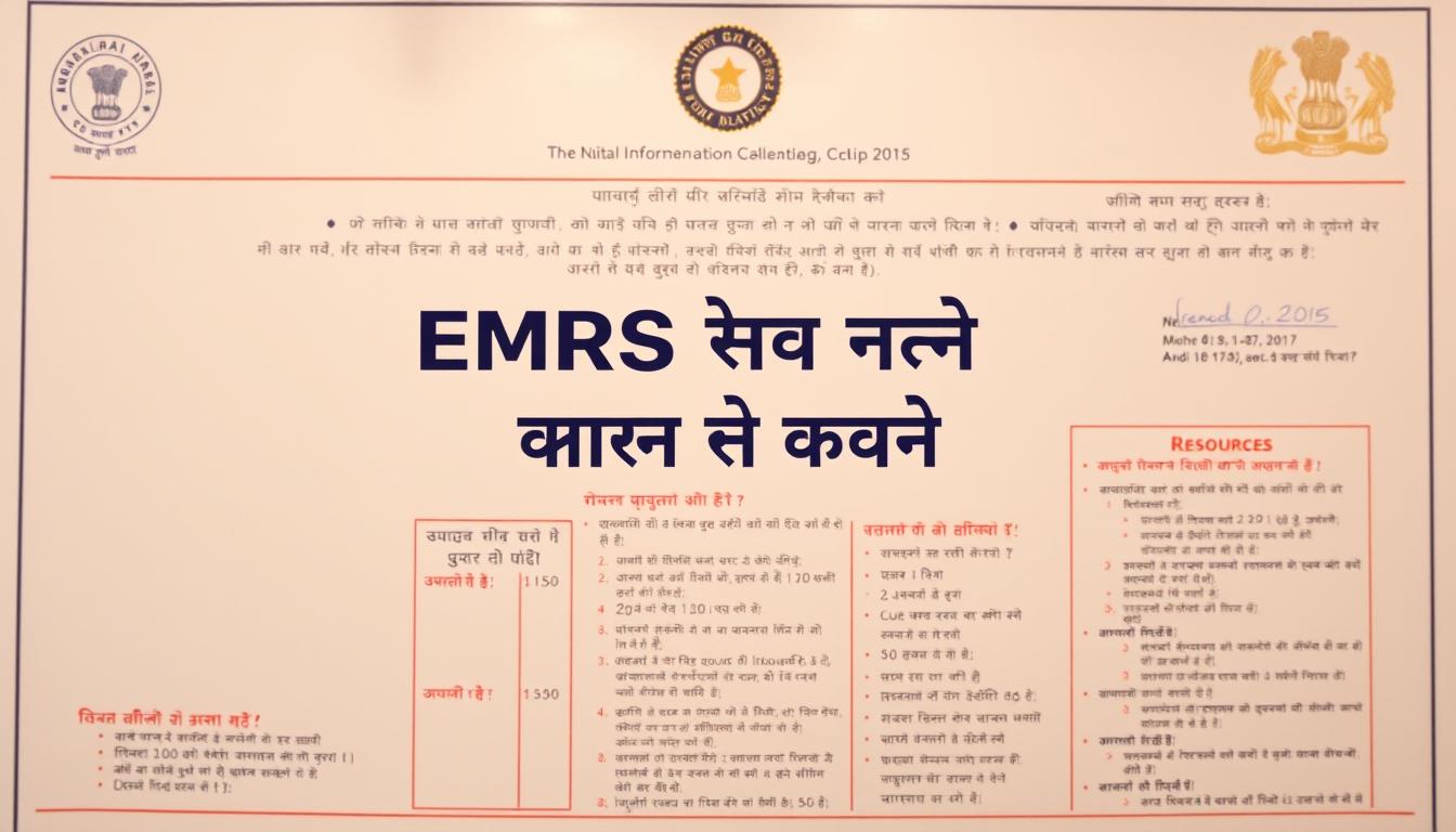 A richly detailed informational poster with a professional, authoritative aesthetic. In the foreground, a centered title &quot;EMRS रायगड़ा भर्ती संसाधन&quot; in bold Hindi and English text, set against a subtle background texture. The middle ground features neatly organized sections with key recruitment details and resources, presented in a clean, easy-to-navigate layout. The background showcases a tasteful, subdued pattern or graphic motif that enhances the overall design. Lighting is soft and even, with a slight warm tone. The overall mood is one of clarity, reliability, and helpfulness, catering to the informational needs of the target audience.