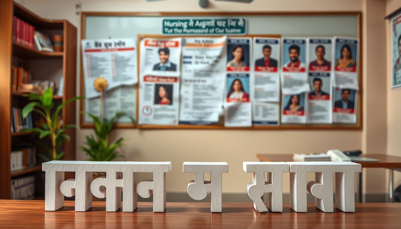 A detailed image of a nursing tutor recruitment advertisement board in Bihar, India. In the foreground, the title "रिक्तियों का विवरण" is prominently displayed in Devanagari script, set against a backdrop of a bulletin board with various job postings pinned to it. The middle ground features portraits of diverse nursing tutors, each with a nameplate and qualifications. In the background, a warm, office-like setting with bookshelves, potted plants, and a desk, suggesting an educational environment. The lighting is soft and natural, creating a professional and inviting atmosphere. The overall composition emphasizes the detailed information about the available nursing tutor positions.