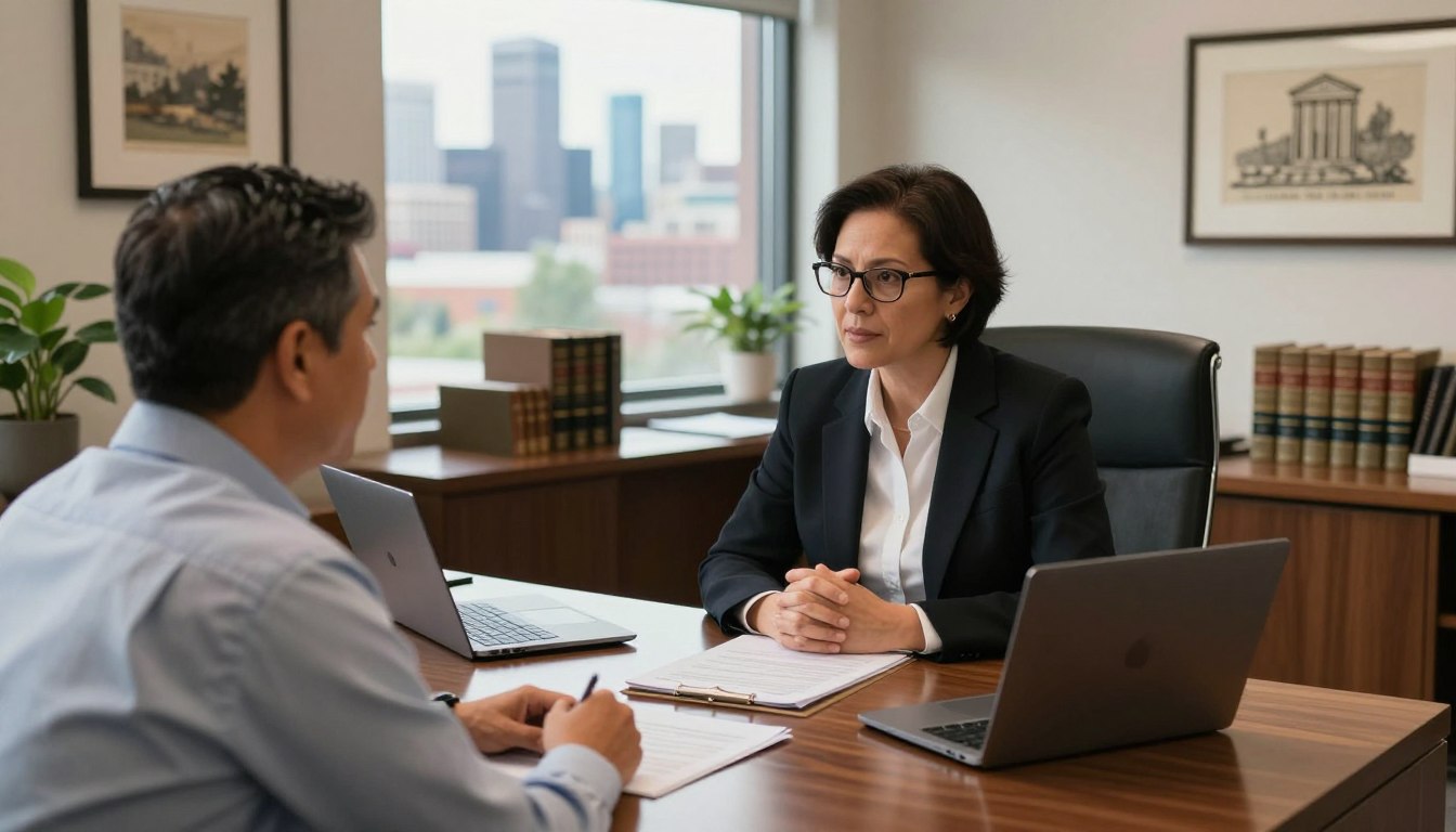 A professional office setting that symbolizes a top personal injury law firm in Denver. In the foreground, a confident attorney dressed in business attire, with short dark hair and glasses, is consulting with a client, a middle-aged Hispanic man in a casual shirt, both appearing engaged and focused. The middle ground features a large wooden desk with legal books, a laptop, and documents, with a beautiful view of the Denver skyline through a large window. The background showcases a well-organized office with law-related artwork and plants. The lighting is soft and warm, creating a welcoming atmosphere during daylight hours, captured at a slightly elevated angle for a dynamic perspective. The overall mood conveys professionalism, trust, and a collaborative spirit.