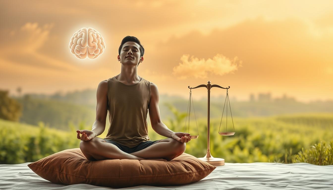 A peaceful, contemplative scene of a person engaged in self-reflection, surrounded by symbols of mental health and weight management. In the foreground, a person sits cross-legged on a plush, earthy-toned cushion, their eyes closed and expression serene. Floating above them, an abstract representation of the mind, a glowing orb of light and energy. In the middle ground, a set of simple, elegant weight scales, balanced and in harmony. The background is a lush, verdant landscape, with wispy clouds drifting through a warm, golden-hued sky, creating a calming, nurturing atmosphere. Soft, diffused lighting bathes the entire scene, lending a sense of tranquility and introspection.