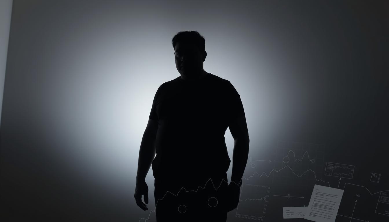 A pensive figure stands in a dimly lit room, their silhouette cast against a stark white wall. Soft, diffused lighting highlights the subject's contemplative expression, conveying a sense of introspection and the weight of their struggles with obesity. In the foreground, a subtle pattern of overlapping medical graphs and charts hints at the complex, multifaceted nature of this condition. The muted color palette and muted tones create an atmosphere of quiet contemplation, inviting the viewer to empathize with the subject's journey towards understanding and overcoming their health challenges.