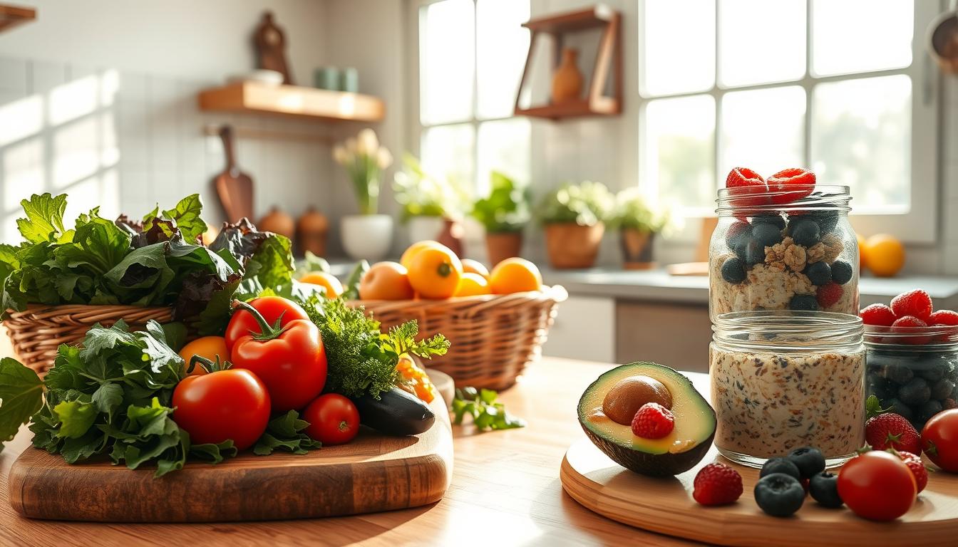 A vibrant, sun-dappled kitchen scene showcasing an array of fresh, wholesome ingredients. In the foreground, a wooden cutting board displays an assortment of crisp vegetables - leafy greens, colorful peppers, and juicy tomatoes. Beside them, a rustic woven basket overflows with ripe fruits, their warm hues complementing the earthy tones of the kitchen. In the middle ground, a tidy countertop hosts a cutting board with a half-sliced avocado, drizzled with a glistening dressing. Nearby, a glass jar filled with overnight oats and fresh berries stands ready to nourish. The background is anchored by a large, airy window that floods the space with natural light, casting a soft, inviting glow over the scene. The overall atmosphere is one of vibrant health, balance, and purposeful meal preparation - a visual representation of the nutritional strategies that have worked to conquer obesity.