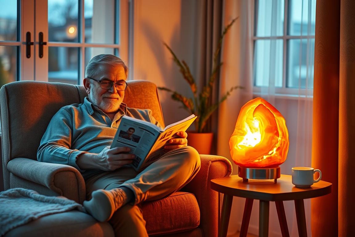 A father relaxing in a chair next to a glowing Himalayan salt lamp, demonstrating perfect Father's Day gift ideas