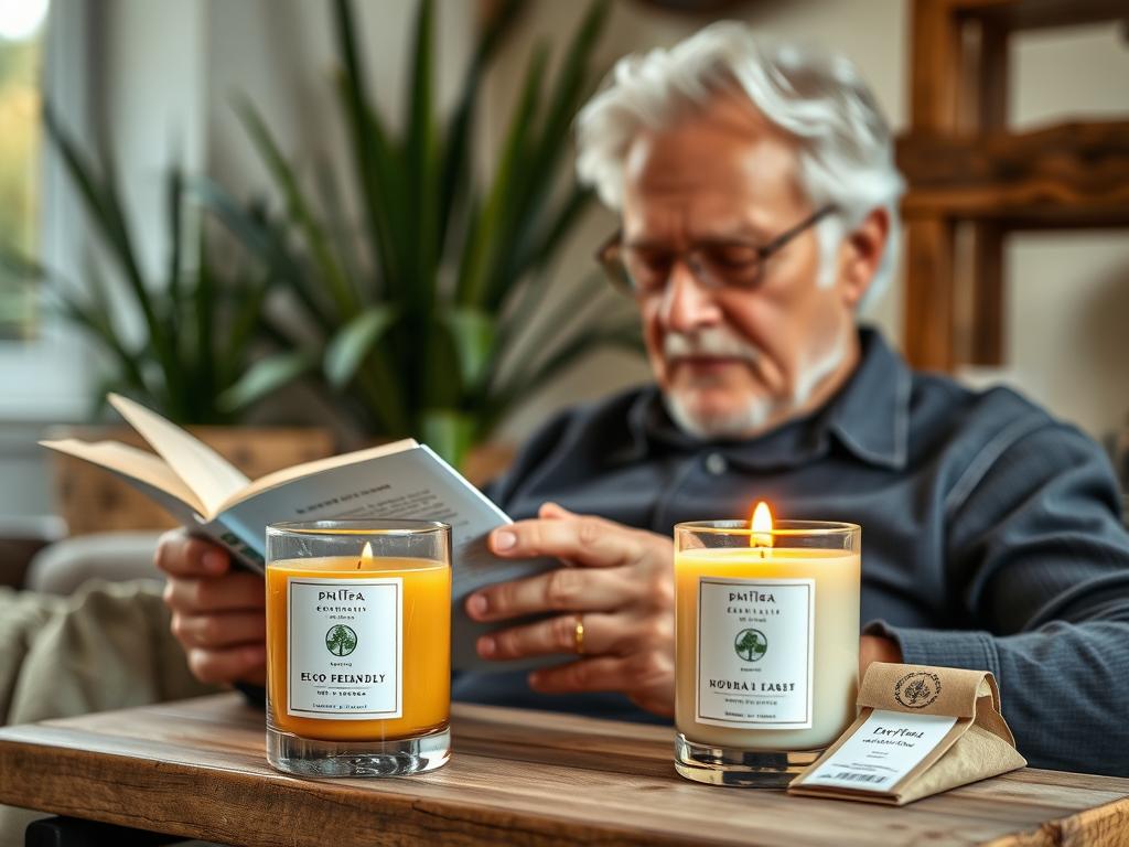 A man enjoying a natural beeswax candle in a recycled container, highlighting eco-friendly Father's Day gift ideas