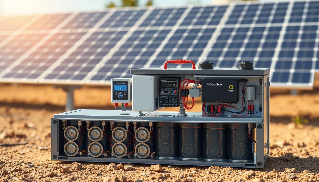 A detailed, cutaway diagram of a solar battery system, showcasing its key components and inner workings. The foreground depicts the battery bank, with individual cells and their interconnections visible. The middle ground highlights the charge controller, inverter, and other electronics that manage the system's power flow. In the background, a solar panel array casts a warm, natural light across the scene, emphasizing the renewable energy source. The overall mood is technical, informative, and visually engaging, guiding the viewer through the nuances of proper solar battery sizing and capacity.