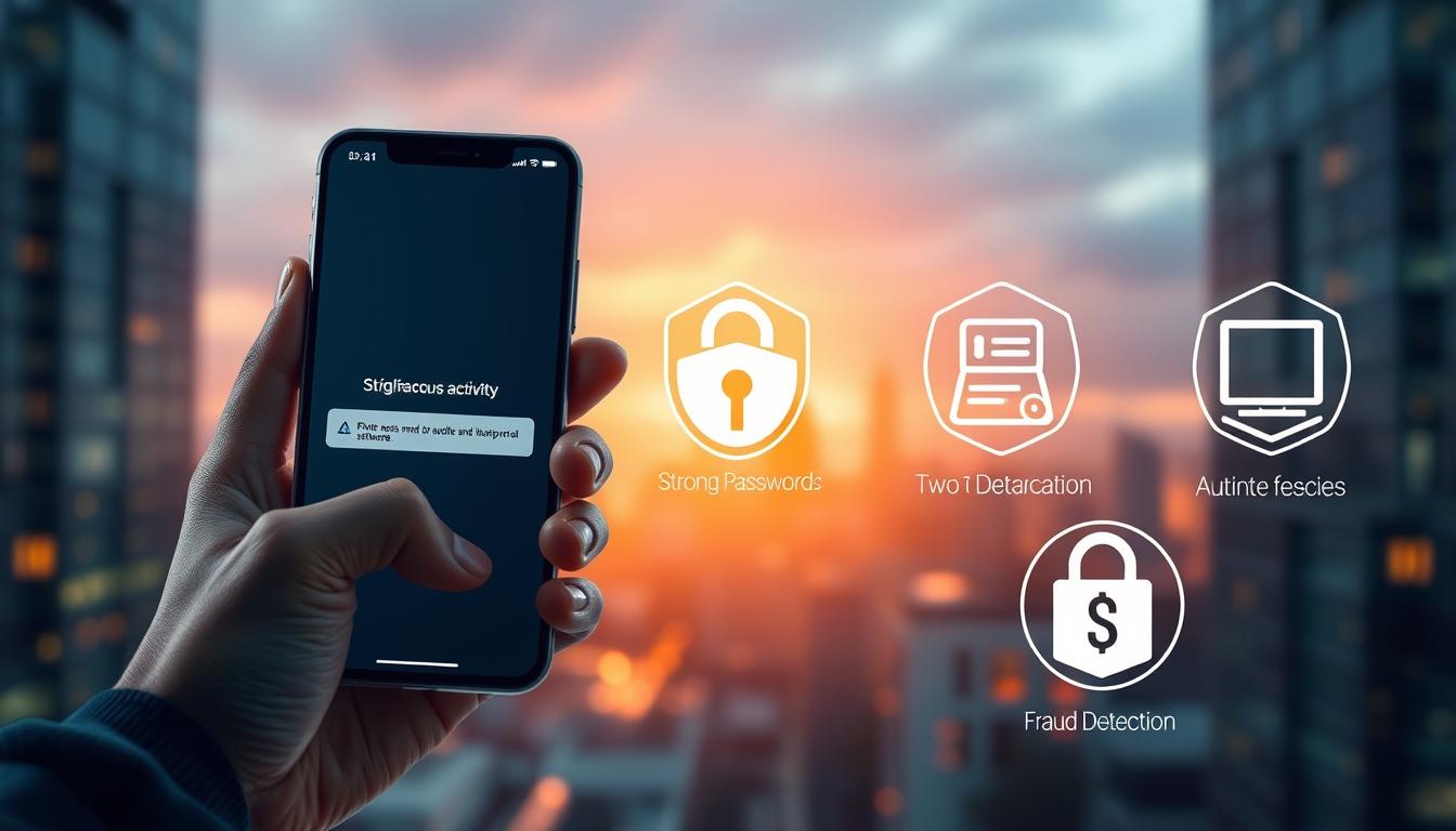 A high-resolution, photorealistic illustration depicting five crucial security measures to avoid fake calls and OTP scams. The foreground shows a person's hand holding a mobile phone, with the screen displaying a warning message about suspicious activity. In the middle ground, various security icons representing strong passwords, two-factor authentication, and fraud detection software are prominently featured. The background depicts a serene, blurred cityscape to create a sense of security and protection. The lighting is soft and warm, creating a reassuring atmosphere. The overall composition emphasizes the importance of vigilance and proactive measures to safeguard oneself against telephone-based scams.