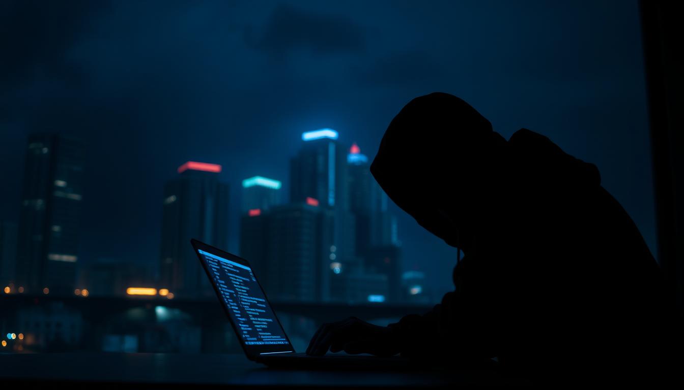 A dark and ominous cyber security scene with a dimly lit cityscape in the background. In the foreground, a shadowy figure is hunched over a laptop, symbols and code cascading across the screen. Flickering neon lights cast an eerie glow, highlighting the sense of digital danger. The atmosphere is tense and foreboding, conveying the urgency of the "क्या आप स्कैम का शिकार हो गए हैं? तुरंत उठाएं ये कदम" scenario. Use a low camera angle and a tightly cropped composition to heighten the feeling of threat and vulnerability. Employ a dark, moody color palette with blues and purples to further emphasize the cyber security theme.