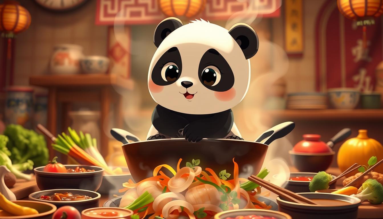 A whimsical scene of the adorable Panda Bear protagonist from &quot;Little Panda 2&quot; game, set against a vibrant backdrop of traditional Chinese cuisine. The panda sits atop a steaming wok, surrounded by an array of colorful vegetables, sauces, and chopsticks. The panda's expressive eyes convey a sense of playful curiosity as it explores the culinary delights. Warm, muted lighting casts a cozy glow, evoking the atmosphere of a family-run Chinese kitchen. The composition emphasizes the panda's interaction with the cooking elements, highlighting the game's focus on interactive culinary experiences for young players.