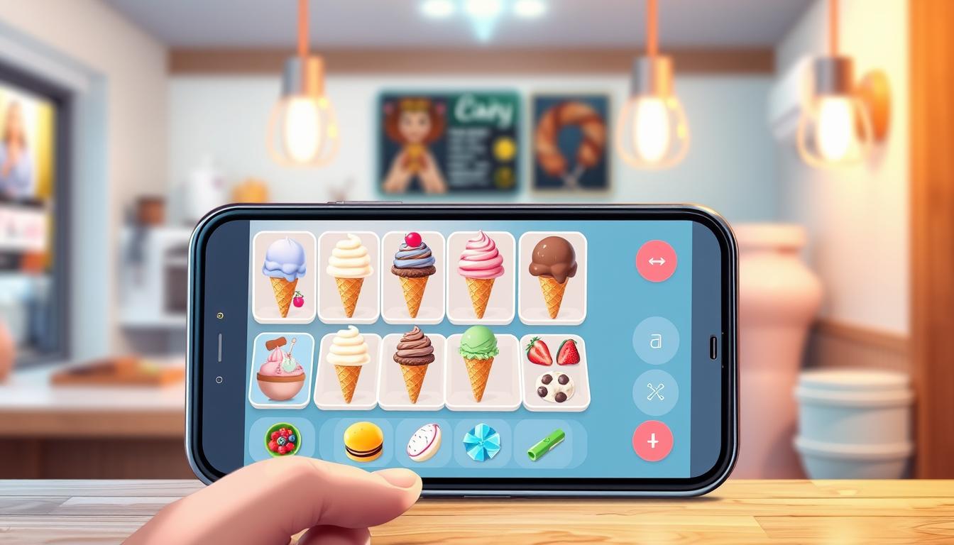 A visually captivating scene of a mobile game interface showcasing the ice cream cooking gameplay. The foreground features a user-friendly touchscreen display with intuitive controls and icons, allowing the player to select ingredients, mix flavors, and decorate the frozen treats. The middle ground depicts a series of colorful, mouthwatering ice cream scoops, cones, and toppings in a neatly organized layout. The background has a soft, blurred effect, conveying a sense of modern, minimalist design and emphasizing the focus on the interactive cooking experience. Warm, inviting lighting and a clean, refined color palette create an appealing and approachable atmosphere, inviting the viewer to engage with the delightful world of ice cream making.