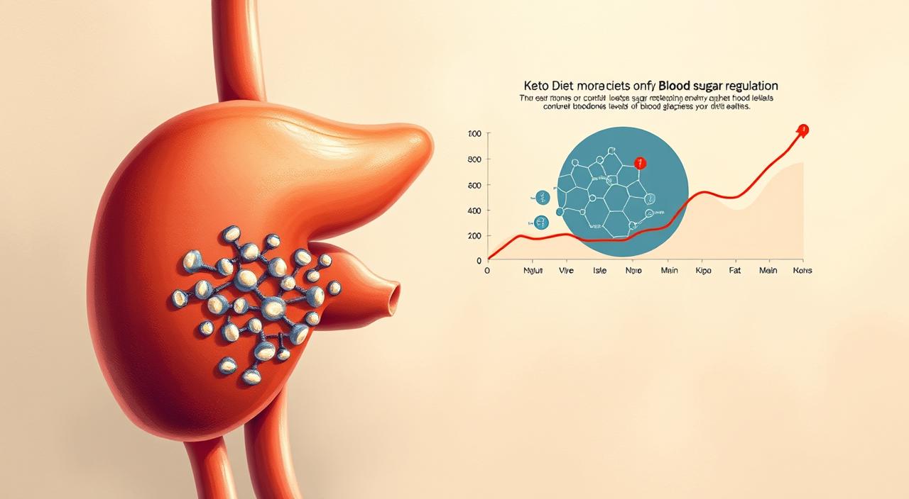 A detailed, scientific illustration of the keto diet's impact on blood sugar regulation. In the foreground, a cross-section of the human pancreas, highlighting the islets of Langerhans and the intricate hormonal mechanisms that control insulin and glucagon production. In the middle ground, a molecular-level visualization of the ketogenic metabolic pathway, showcasing the conversion of fats to ketone bodies and their role in reducing blood glucose levels. The background features a stylized graph charting the stabilization of blood sugar levels under a keto diet, set against a backdrop of soothing, earthy tones that evoke a sense of balance and wellness. Rendered with a high degree of realism, crisp details, and a neutral, educational tone to effectively convey the health benefits of the keto diet.