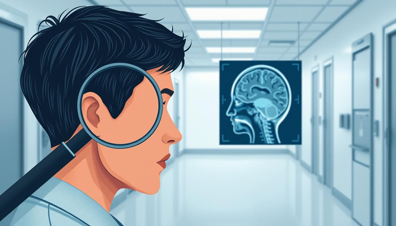 A detailed clinical diagnosis of obsessive-compulsive disorder, showcased in a medical illustration. The foreground depicts a person's head with a magnifying glass scrutinizing their thoughts, symbolizing the intrusive and repetitive nature of OCD. The middle ground features a brain scan, highlighting the neurological aspects of the condition. The background is a clean, sterile hospital setting, conveying the professional, clinical atmosphere of a diagnostic process. Muted tones of blue, gray, and white create a somber, pensive mood, reflecting the challenges of OCD. Crisp, high-resolution rendering with a focus on accuracy and detail to best illustrate this psychological disorder.