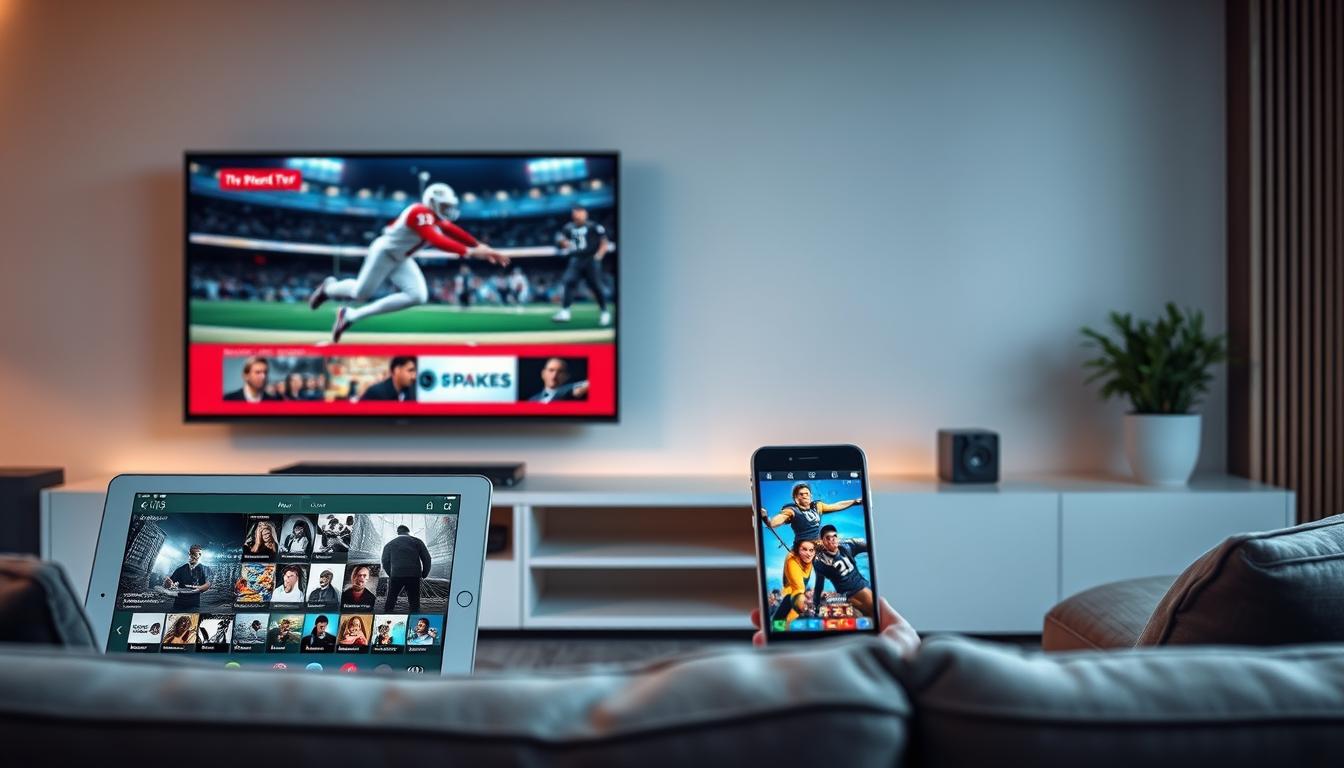 OTT IPTV streaming services shown on multiple devices including smart TV, tablet, and smartphone